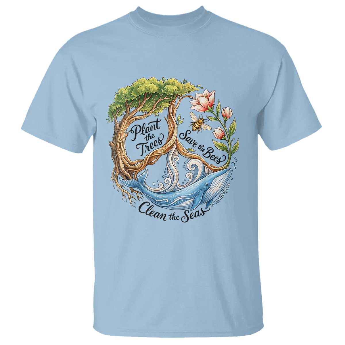 Plant The Trees Save The Bees Clean The Seas T Shirt Vintage Peace Sign Aesthetic Nature Lover Ocean Conservation TS02 Light Blue Print Your Wear