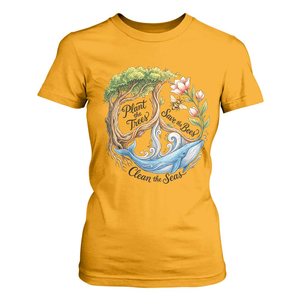 Plant The Trees Save The Bees Clean The Seas T Shirt For Women Vintage Peace Sign Aesthetic Nature Lover Ocean Conservation TS02 Gold Print Your Wear