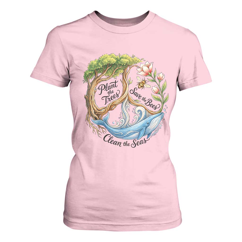 Plant The Trees Save The Bees Clean The Seas T Shirt For Women Vintage Peace Sign Aesthetic Nature Lover Ocean Conservation TS02 Light Pink Print Your Wear