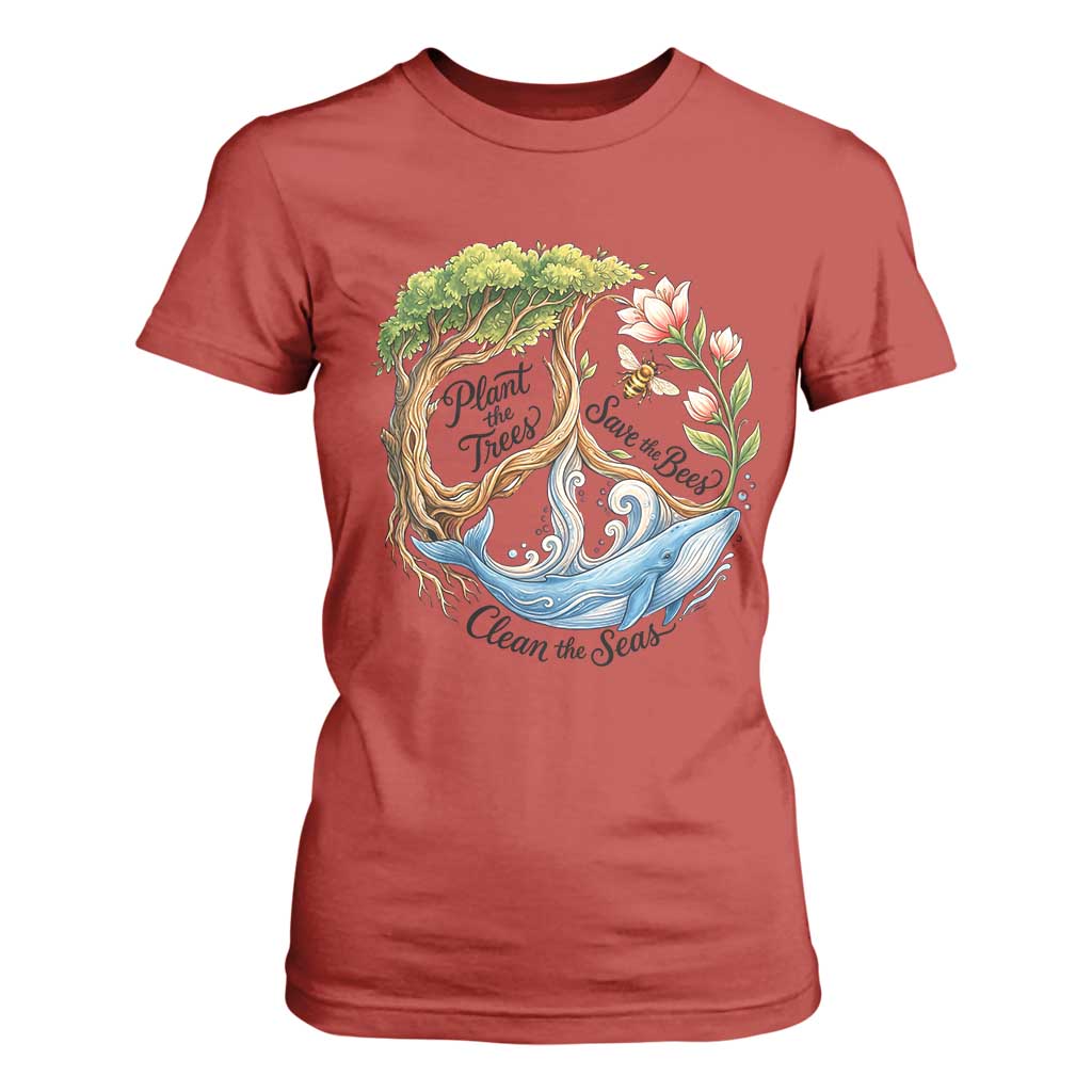 Plant The Trees Save The Bees Clean The Seas T Shirt For Women Vintage Peace Sign Aesthetic Nature Lover Ocean Conservation TS02 Red Print Your Wear