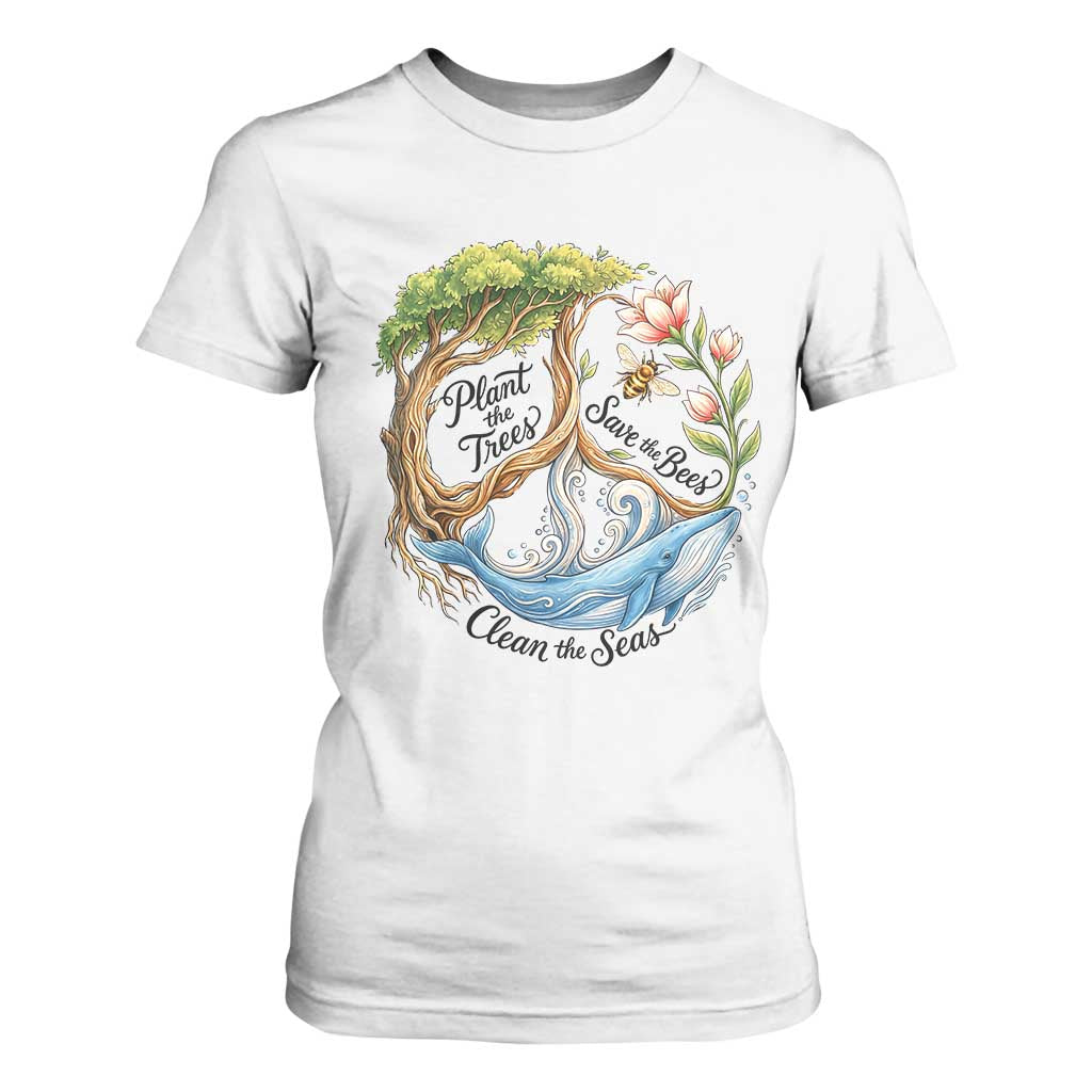 Plant The Trees Save The Bees Clean The Seas T Shirt For Women Vintage Peace Sign Aesthetic Nature Lover Ocean Conservation TS02 White Print Your Wear