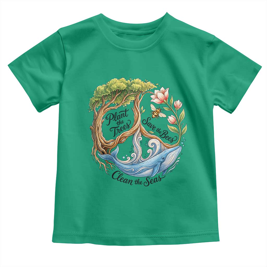 Plant The Trees Save The Bees Clean The Seas Toddler T Shirt Vintage Peace Sign Aesthetic Nature Lover Ocean Conservation TS02 Irish Green Print Your Wear