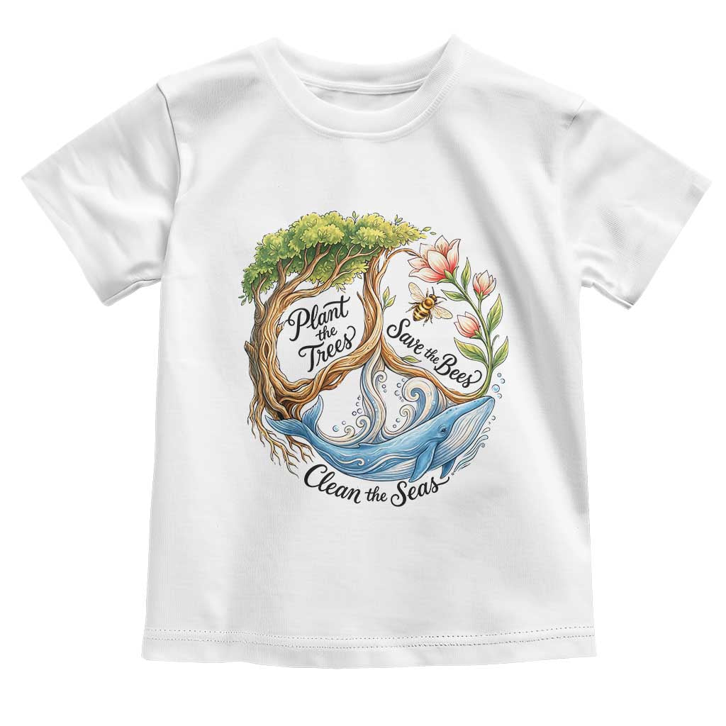 Plant The Trees Save The Bees Clean The Seas Toddler T Shirt Vintage Peace Sign Aesthetic Nature Lover Ocean Conservation TS02 White Print Your Wear