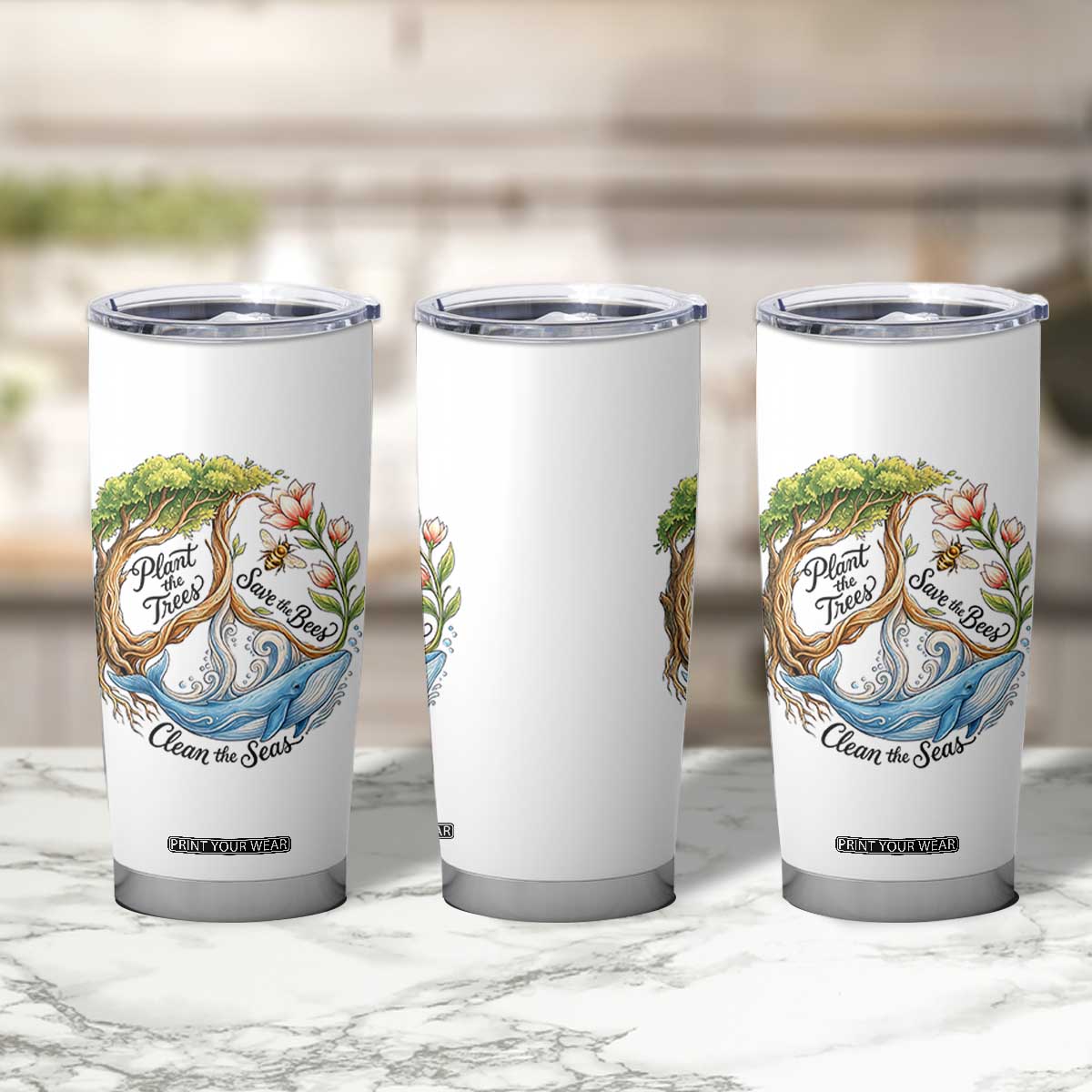 Plant The Trees Save The Bees Clean The Seas Tumbler Cup Vintage Peace Sign Aesthetic Nature Lover Ocean Conservation TS02 Print Your Wear
