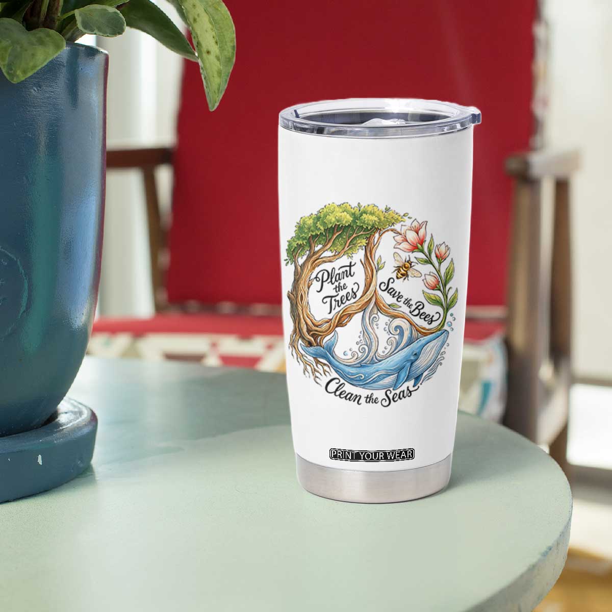Plant The Trees Save The Bees Clean The Seas Tumbler Cup Vintage Peace Sign Aesthetic Nature Lover Ocean Conservation TS02 Print Your Wear
