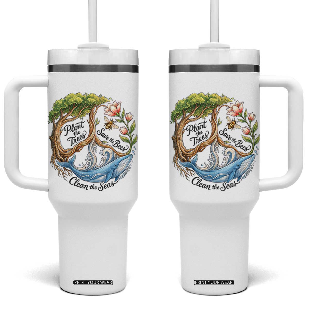 Plant The Trees Save The Bees Clean The Seas Tumbler With Handle Vintage Peace Sign Aesthetic Nature Lover Ocean Conservation TS02 One Size: 40 oz White Print Your Wear
