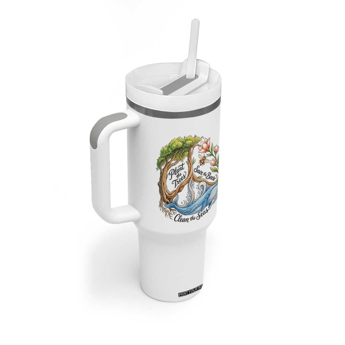 Plant The Trees Save The Bees Clean The Seas Tumbler With Handle Vintage Peace Sign Aesthetic Nature Lover Ocean Conservation TS02 Print Your Wear