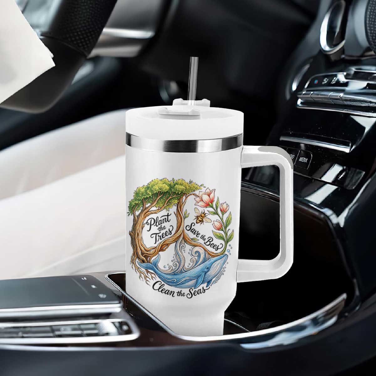 Plant The Trees Save The Bees Clean The Seas Tumbler With Handle Vintage Peace Sign Aesthetic Nature Lover Ocean Conservation TS02 Print Your Wear