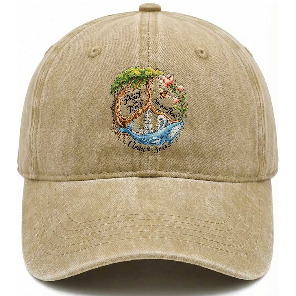 Plant The Trees Save The Bees Clean The Seas Washed Cotton Baseball Cap Vintage Peace Sign Aesthetic Nature Lover Ocean Conservation TS02 Print Your Wear