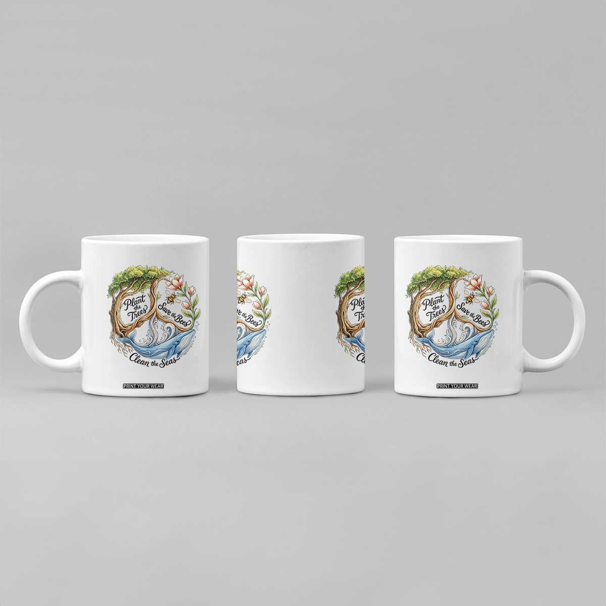 Plant The Trees Save The Bees Clean The Seas Coffee Mug Vintage Peace Sign Aesthetic Nature Lover Ocean Conservation TS02 Print Your Wear