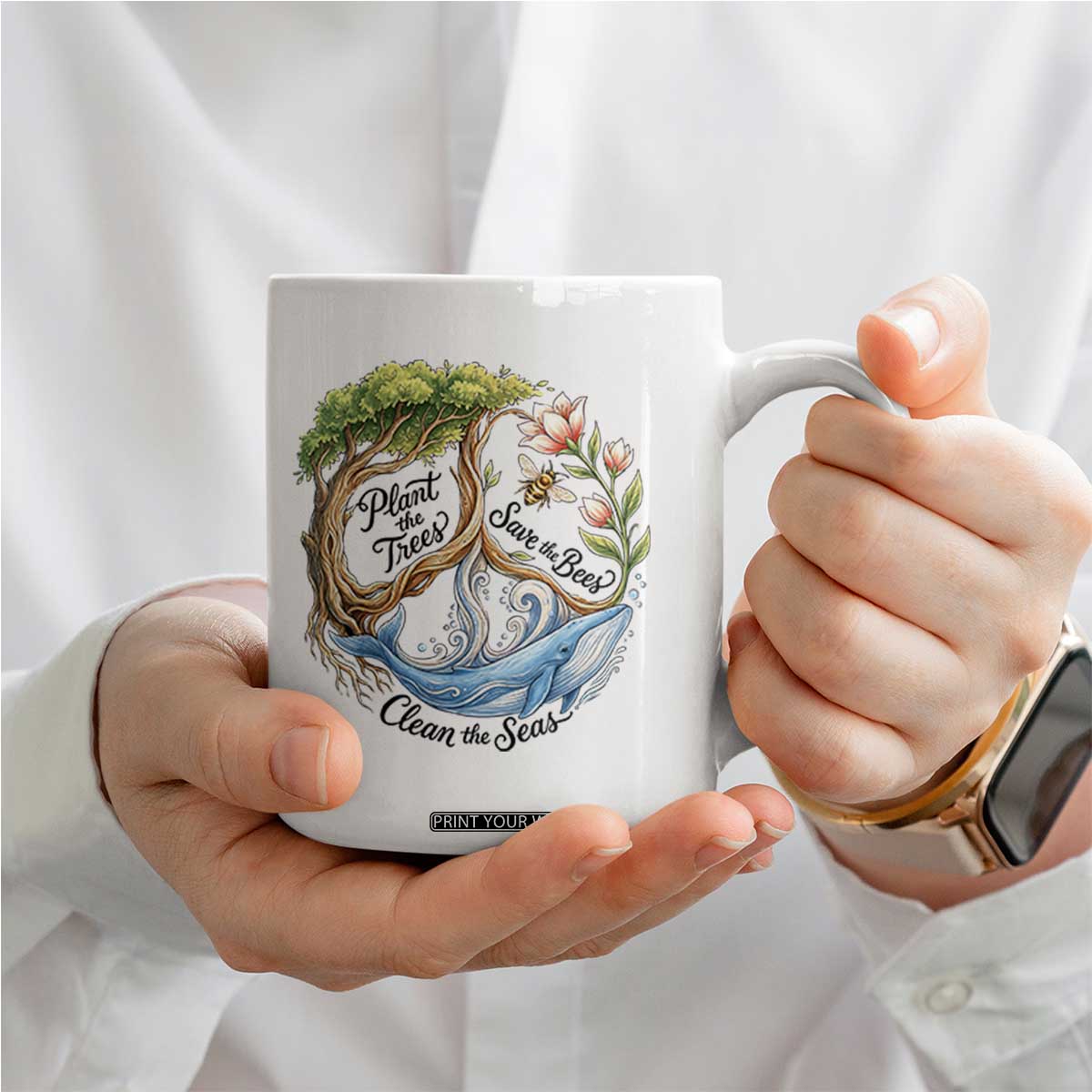 Plant The Trees Save The Bees Clean The Seas Coffee Mug Vintage Peace Sign Aesthetic Nature Lover Ocean Conservation TS02 Print Your Wear