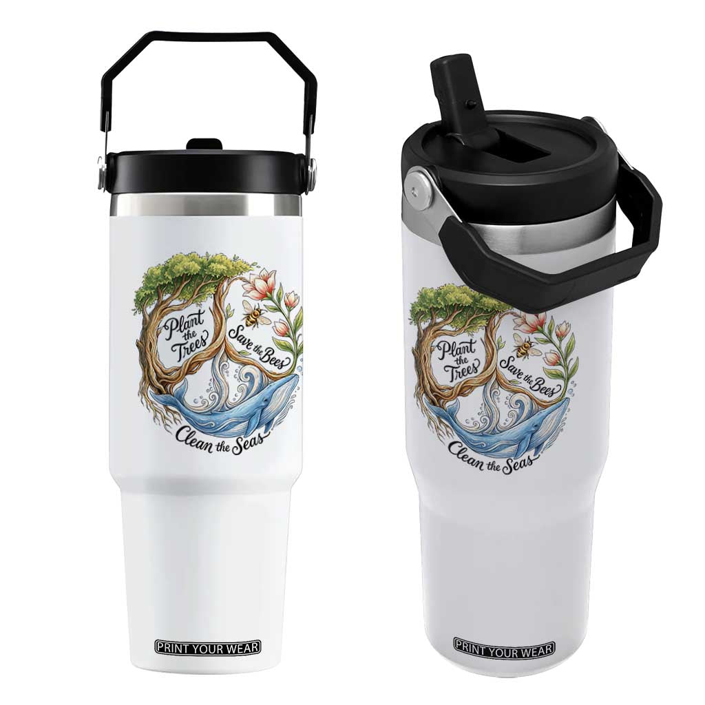 Plant The Trees Save The Bees Clean The Seas Flip Straw Tumbler Vintage Peace Sign Aesthetic Nature Lover Ocean Conservation TS02 One Size: 30 oz White Print Your Wear