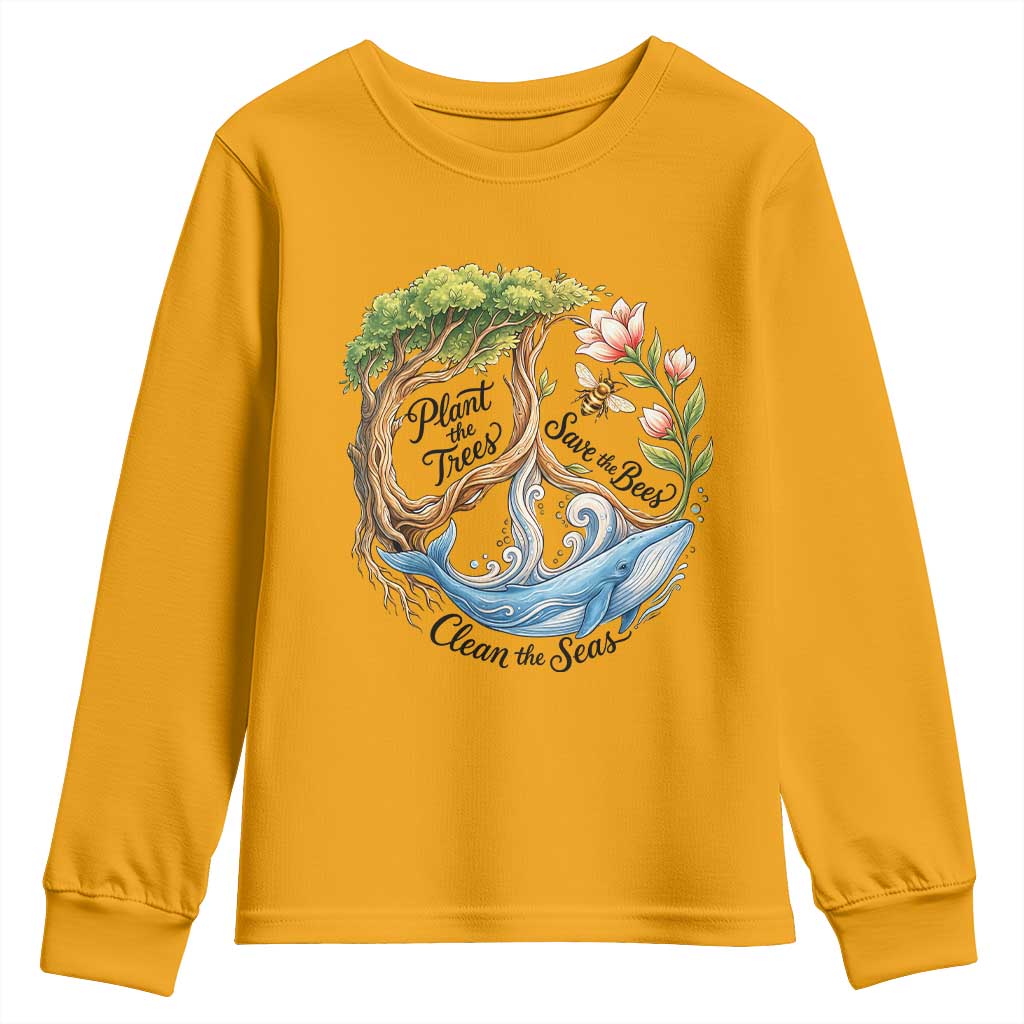 Plant The Trees Save The Bees Clean The Seas Youth Sweatshirt Vintage Peace Sign Aesthetic Nature Lover Ocean Conservation TS02 Gold Print Your Wear