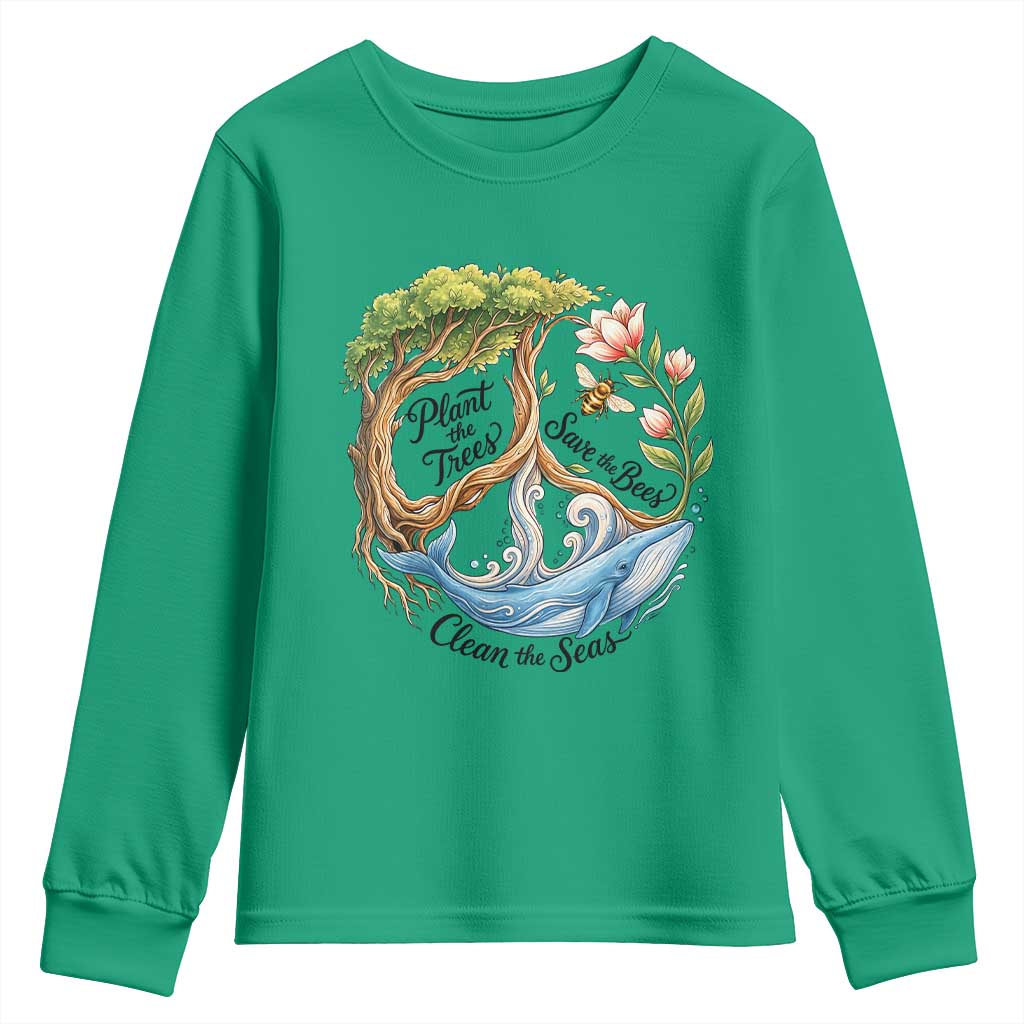 Plant The Trees Save The Bees Clean The Seas Youth Sweatshirt Vintage Peace Sign Aesthetic Nature Lover Ocean Conservation TS02 Irish Green Print Your Wear