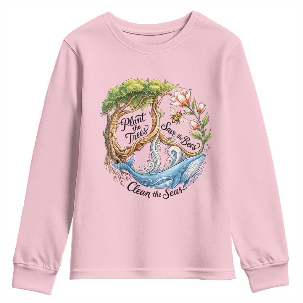 Plant The Trees Save The Bees Clean The Seas Youth Sweatshirt Vintage Peace Sign Aesthetic Nature Lover Ocean Conservation TS02 Light Pink Print Your Wear