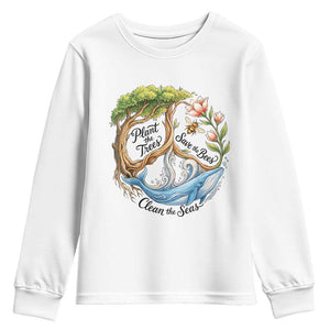 Plant The Trees Save The Bees Clean The Seas Youth Sweatshirt Vintage Peace Sign Aesthetic Nature Lover Ocean Conservation TS02 White Print Your Wear