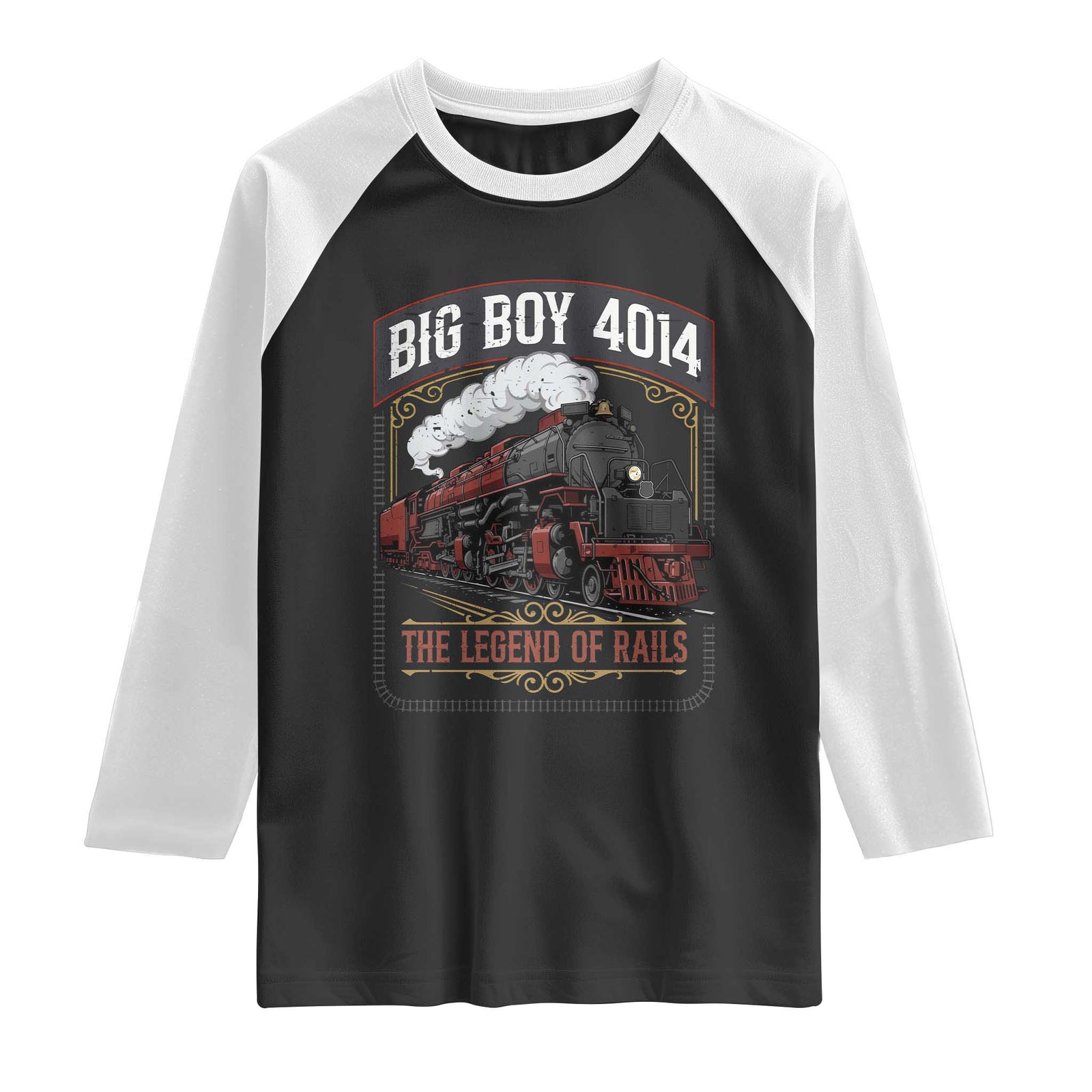 Retro Emblem Classic Steam Train Raglan Shirt Locomotive Heritage Pride Legend of the Rails TS02 Black White Print Your Wear