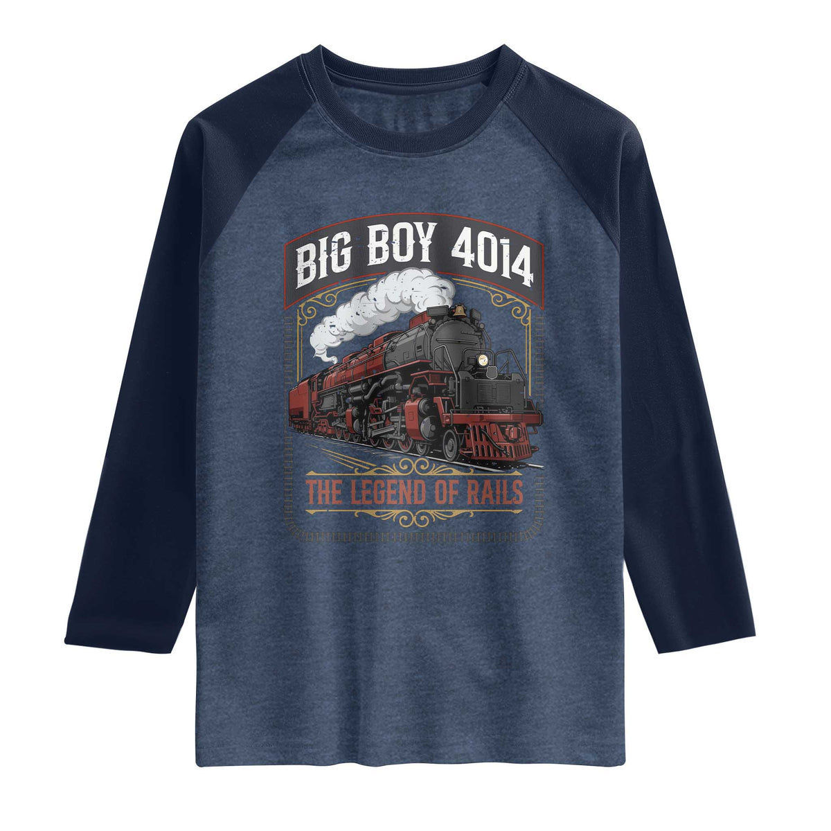 Retro Emblem Classic Steam Train Raglan Shirt Locomotive Heritage Pride Legend of the Rails TS02 Heather Denim Navy Print Your Wear