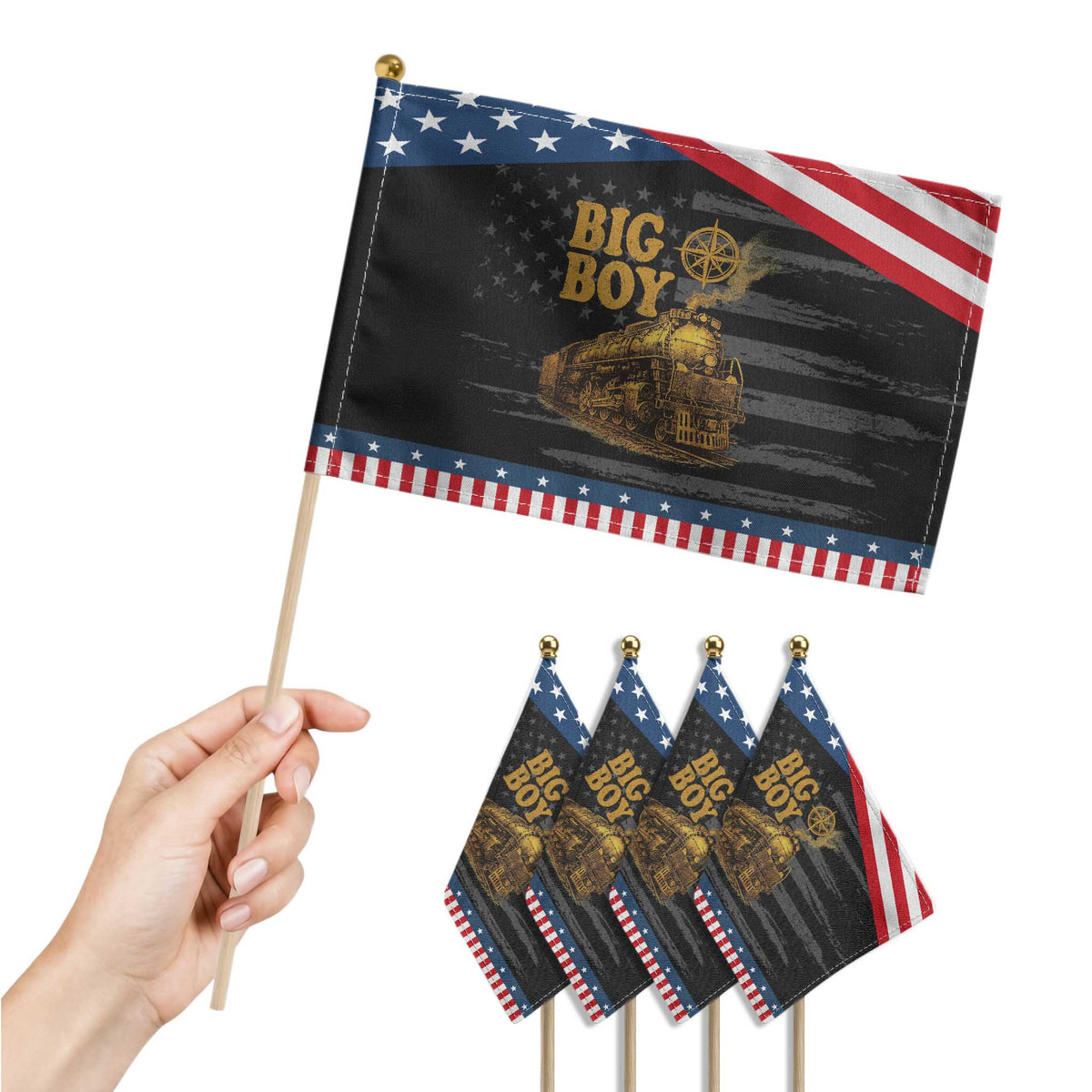 Vintage American Steam Train Locomotive Legend Patriotic Handheld Flag Compass Adventure Heritage Pride Graphic TS02 Print Your Wear