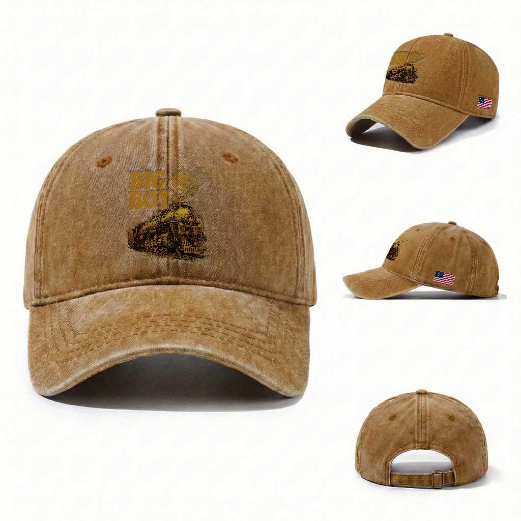 Vintage American Steam Train Locomotive Legend Washed Cotton Baseball Cap Compass Adventure Heritage Pride Graphic