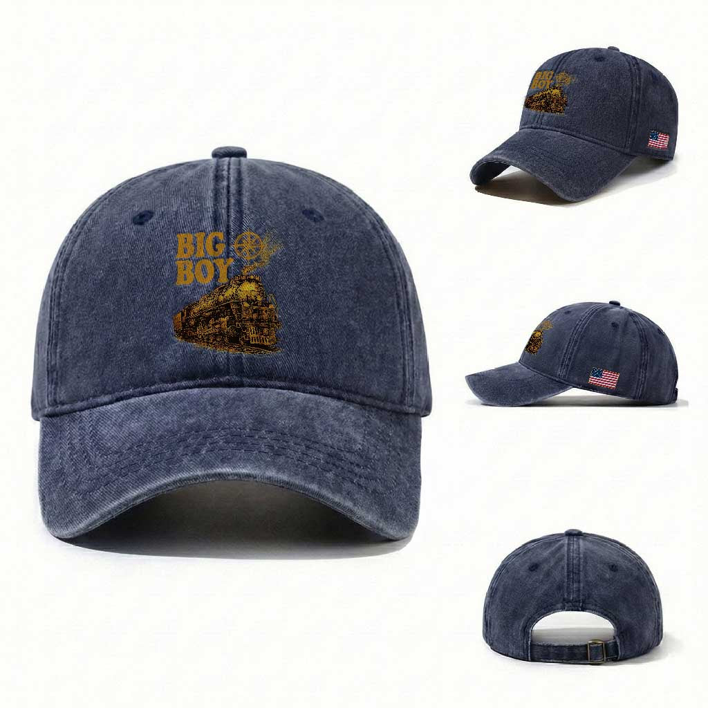 Vintage American Steam Train Locomotive Legend Washed Cotton Baseball Cap Compass Adventure Heritage Pride Graphic