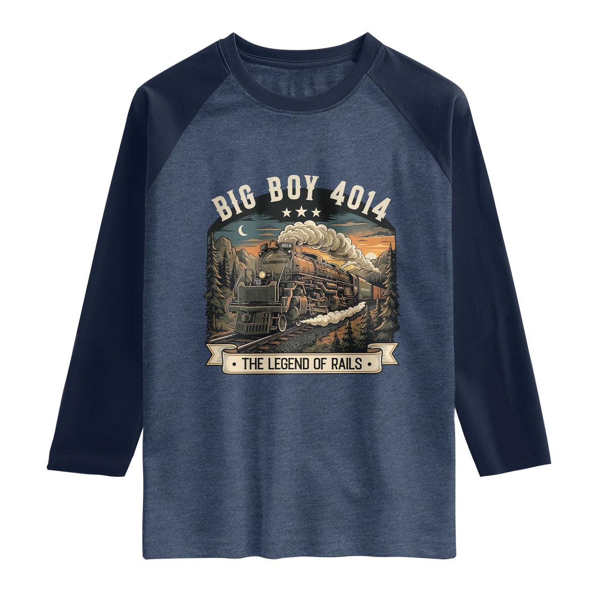 Scenic Mountain Steam Train Graphic Raglan Shirt Legend of the Rails Heritage Pride TS02 Heather Denim Navy Print Your Wear