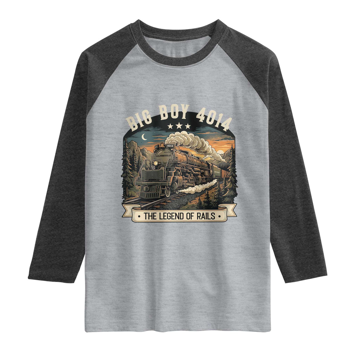 Scenic Mountain Steam Train Graphic Raglan Shirt Legend of the Rails Heritage Pride TS02 Heather Gray Heather Charcoal Print Your Wear