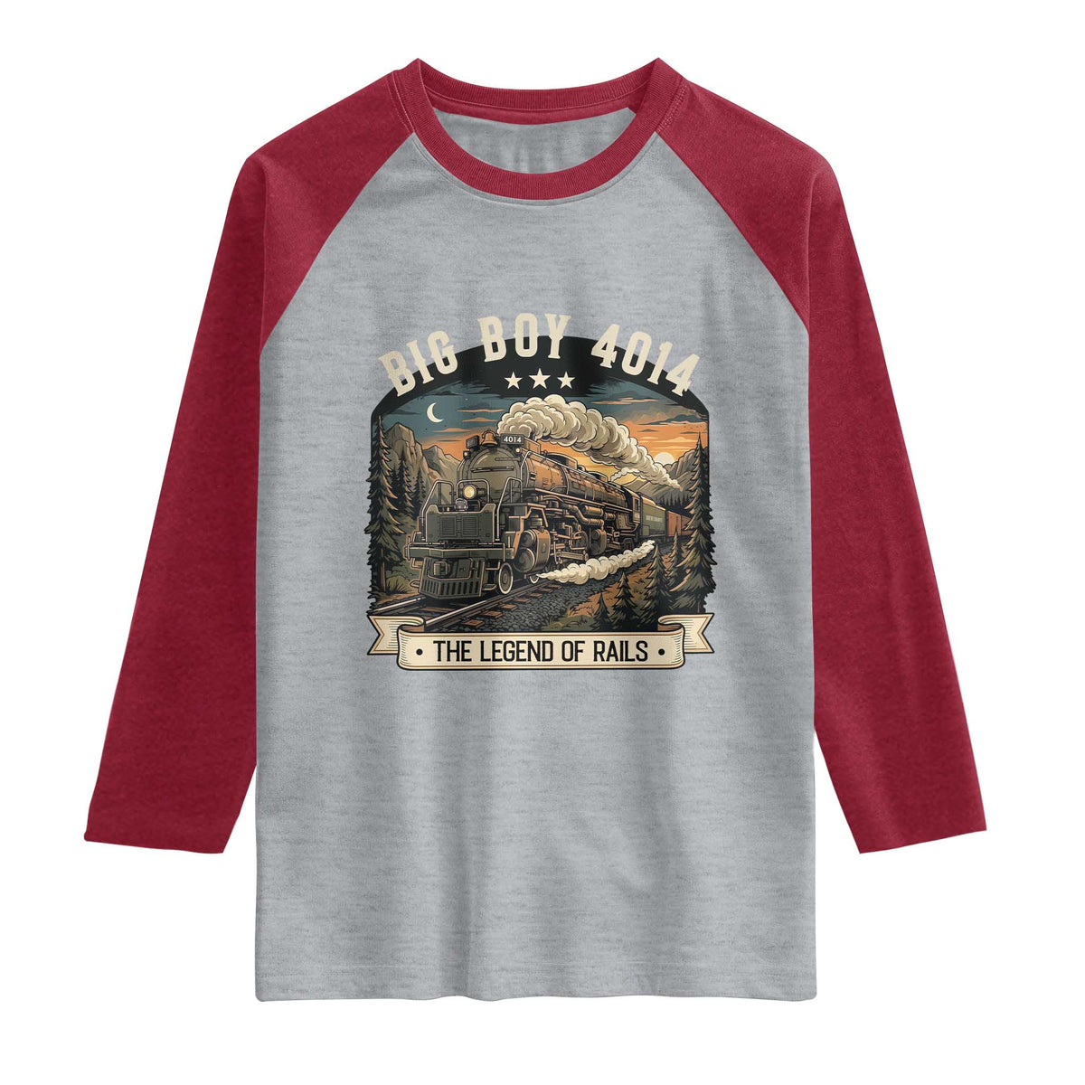 Scenic Mountain Steam Train Graphic Raglan Shirt Legend of the Rails Heritage Pride TS02 Heather Gray Heather Red Print Your Wear