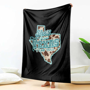 Retro Western She is From Texas I Can Tell Throw Blanket Trendy Turquoise Glitter Coquette and Cow Print Effect Graphic