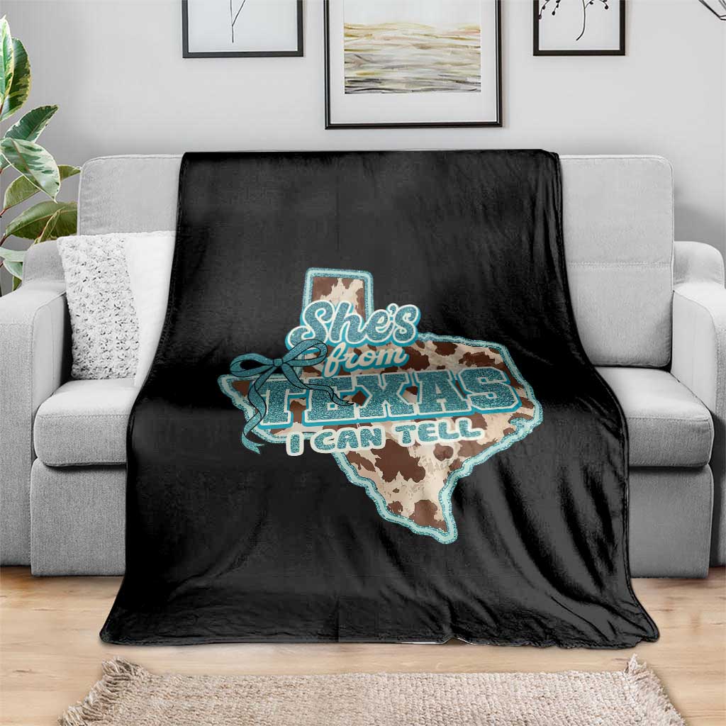 Retro Western She is From Texas I Can Tell Throw Blanket Trendy Turquoise Glitter Coquette and Cow Print Effect Graphic