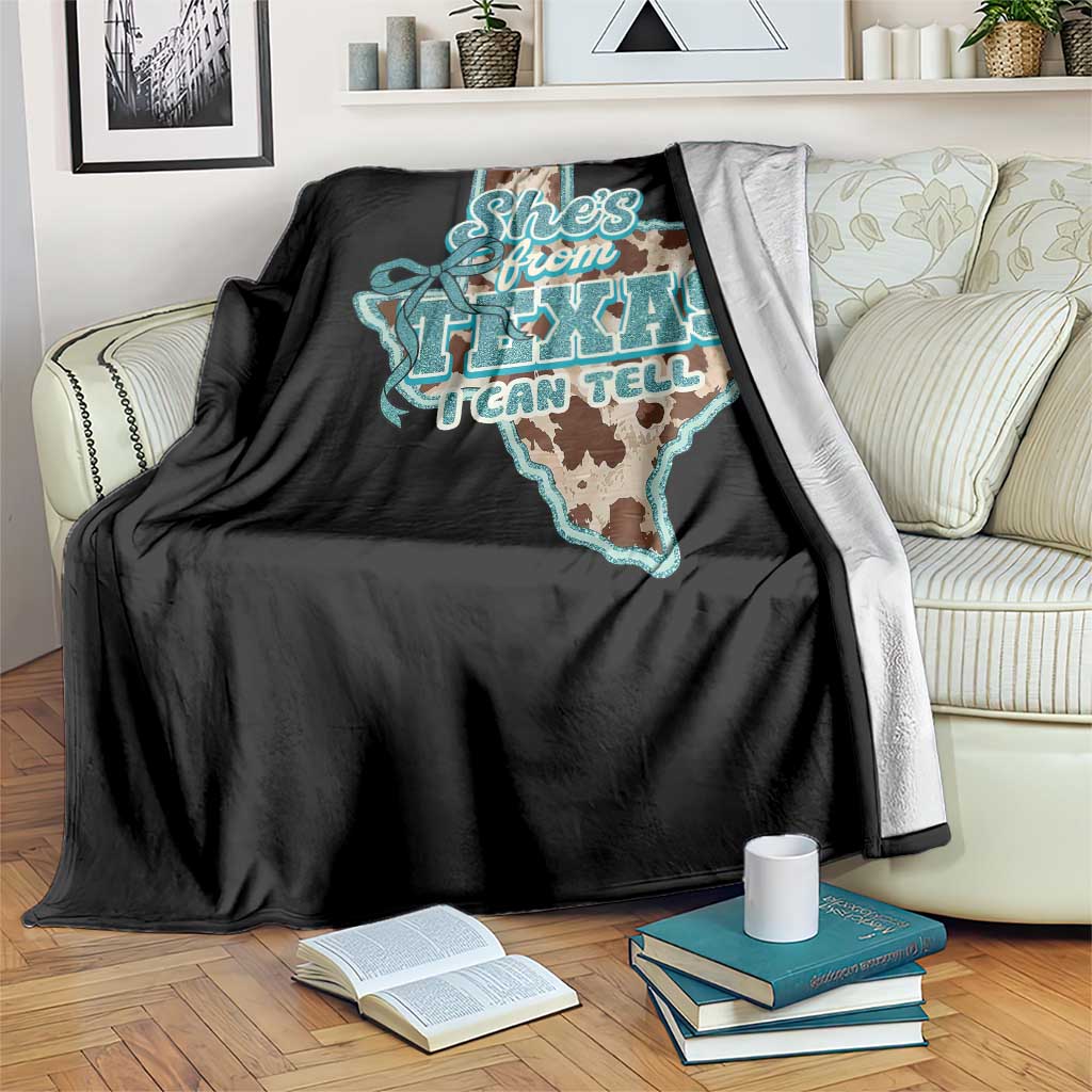 Retro Western She is From Texas I Can Tell Throw Blanket Trendy Turquoise Glitter Coquette and Cow Print Effect Graphic