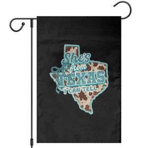 Retro Western She is From Texas I Can Tell Garden Flag Trendy Turquoise Glitter Coquette and Cow Print Effect Graphic