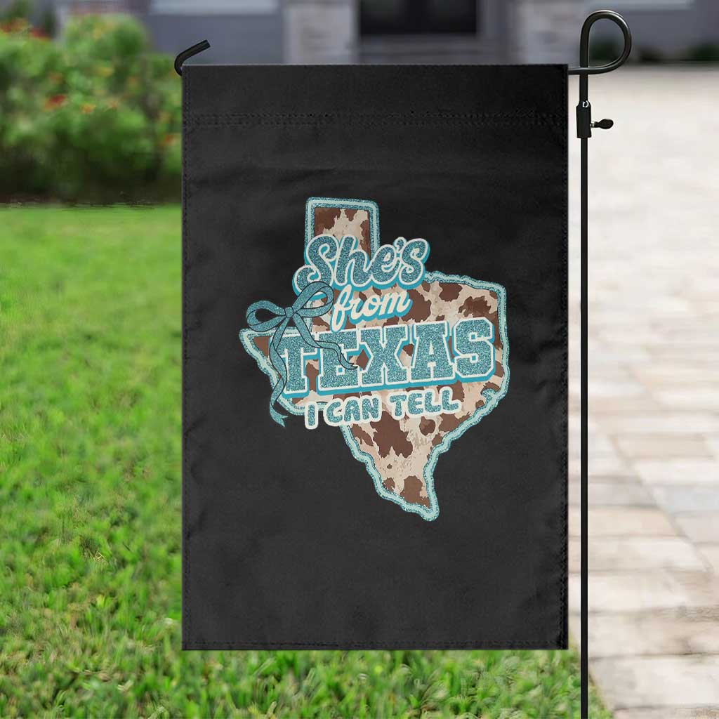 Retro Western She is From Texas I Can Tell Garden Flag Trendy Turquoise Glitter Coquette and Cow Print Effect Graphic