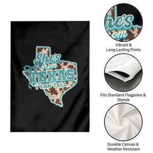 Retro Western She is From Texas I Can Tell Garden Flag Trendy Turquoise Glitter Coquette and Cow Print Effect Graphic