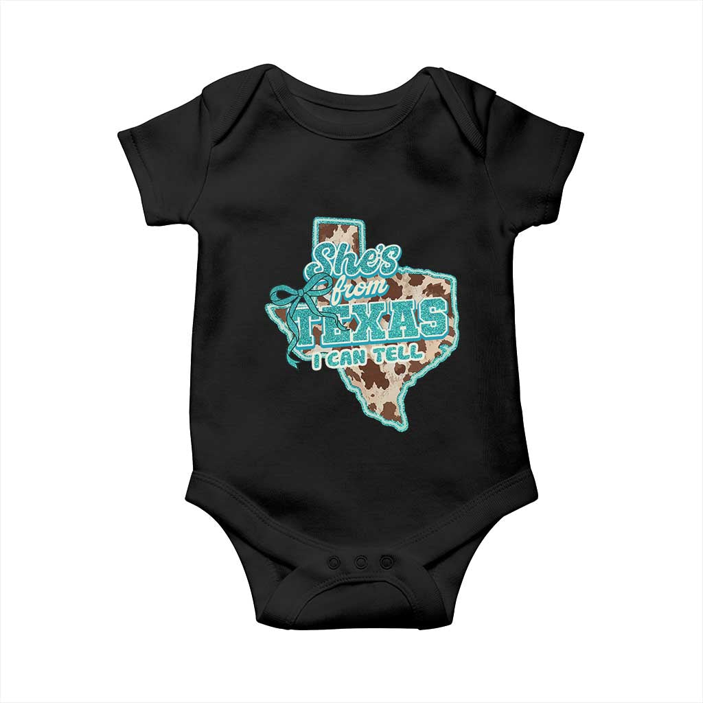 Retro Western She is From Texas I Can Tell Baby Onesie Trendy Turquoise Glitter Coquette and Cow Print Effect Graphic