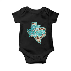 Retro Western She is From Texas I Can Tell Baby Onesie Trendy Turquoise Glitter Coquette and Cow Print Effect Graphic