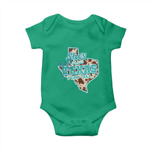 Retro Western She is From Texas I Can Tell Baby Onesie Trendy Turquoise Glitter Coquette and Cow Print Effect Graphic