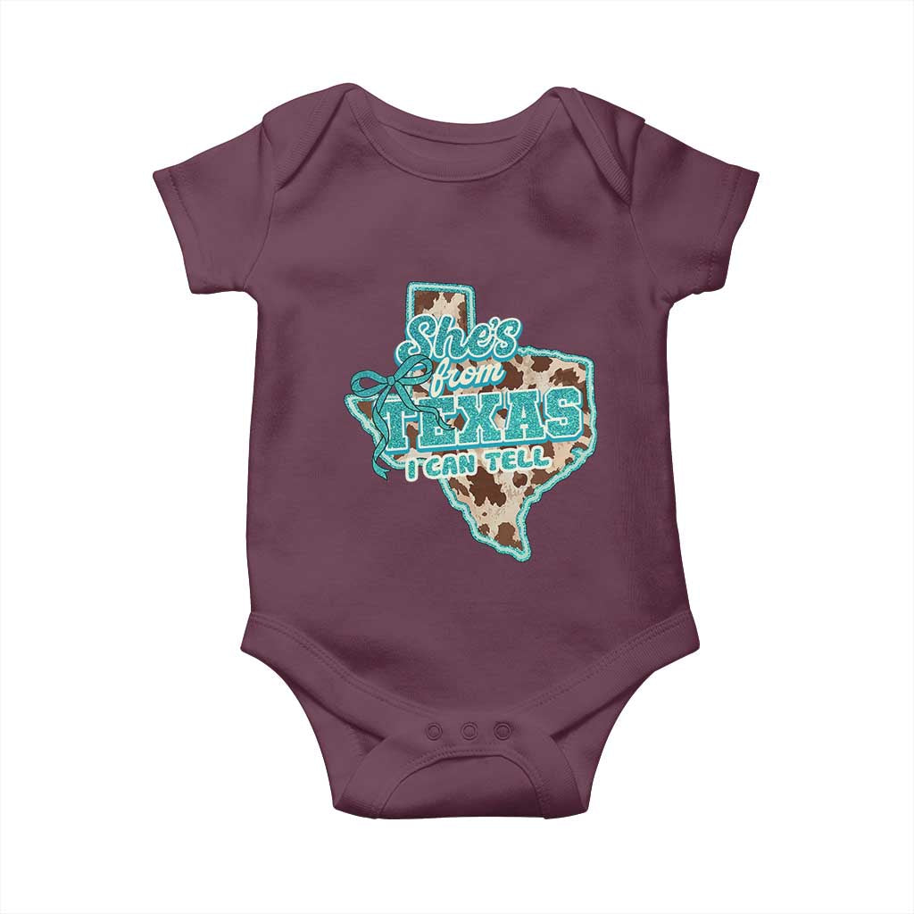 Retro Western She is From Texas I Can Tell Baby Onesie Trendy Turquoise Glitter Coquette and Cow Print Effect Graphic