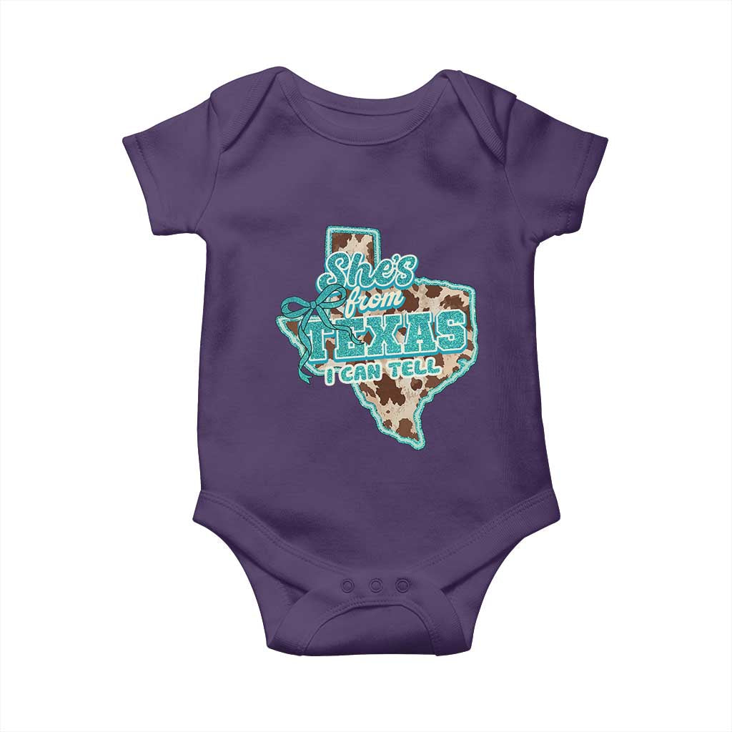 Retro Western She is From Texas I Can Tell Baby Onesie Trendy Turquoise Glitter Coquette and Cow Print Effect Graphic