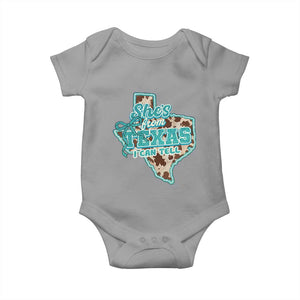 Retro Western She is From Texas I Can Tell Baby Onesie Trendy Turquoise Glitter Coquette and Cow Print Effect Graphic