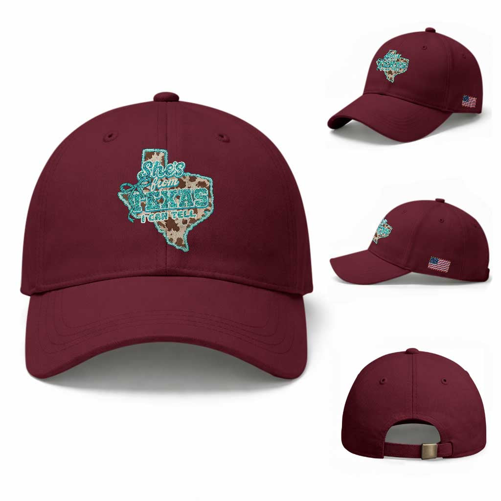 Retro Western She is From Texas I Can Tell Baseball Cap Trendy Turquoise Glitter Coquette and Cow Print Effect Graphic
