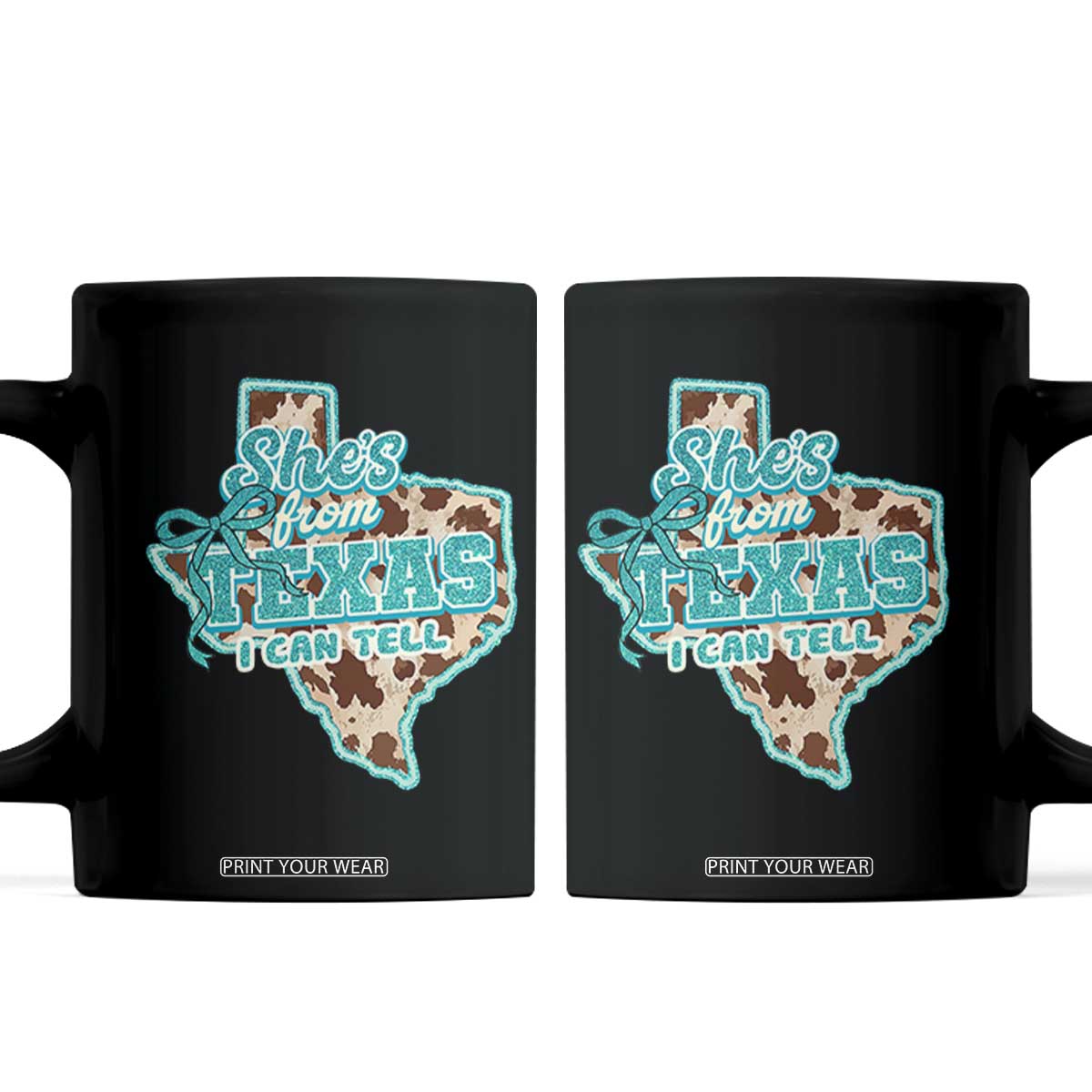 Retro Western She is From Texas I Can Tell Coffee Mug Trendy Turquoise Glitter Coquette and Cow Print Effect Graphic
