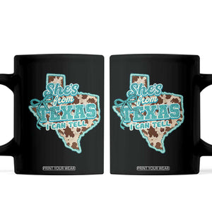 Retro Western She is From Texas I Can Tell Coffee Mug Trendy Turquoise Glitter Coquette and Cow Print Effect Graphic