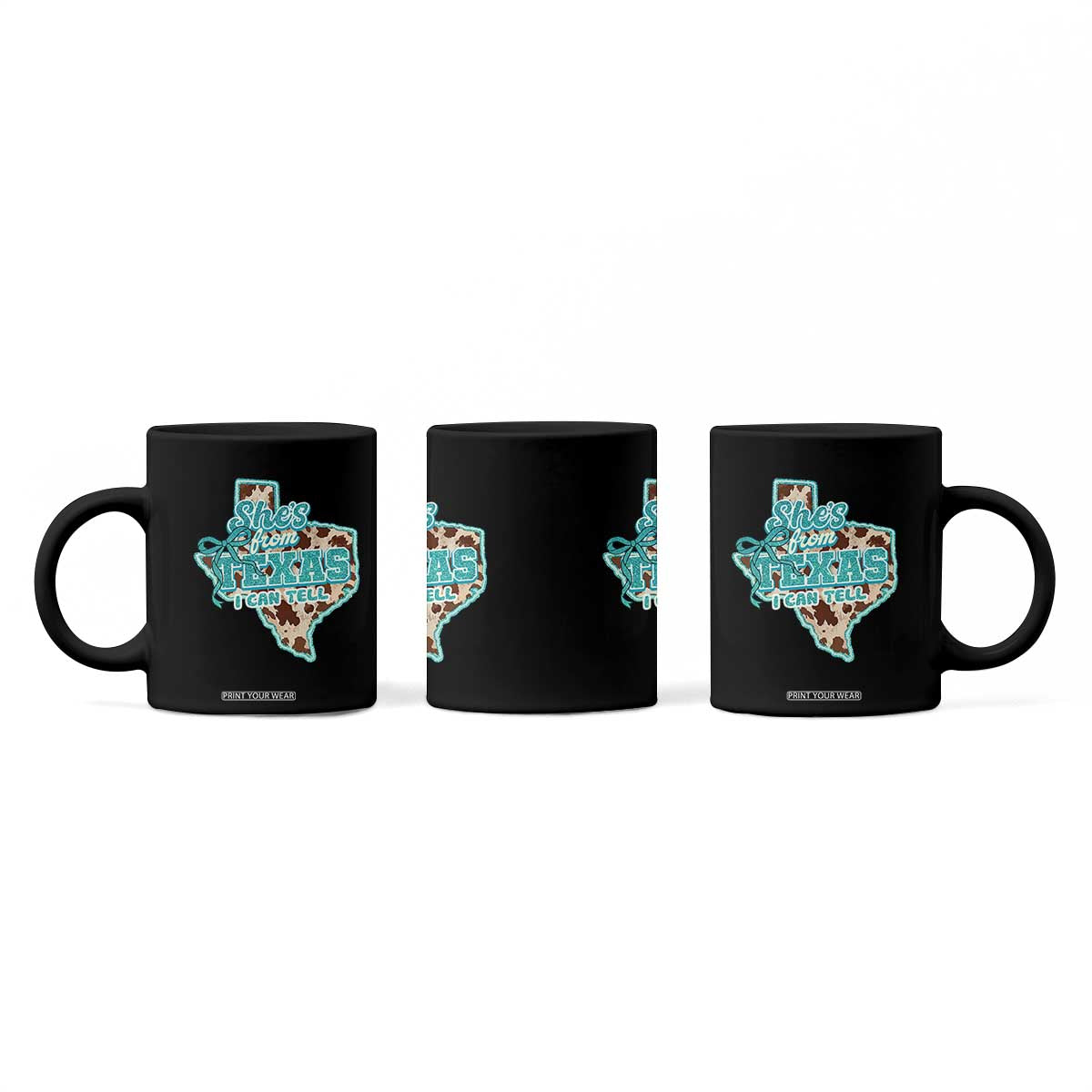 Retro Western She is From Texas I Can Tell Coffee Mug Trendy Turquoise Glitter Coquette and Cow Print Effect Graphic