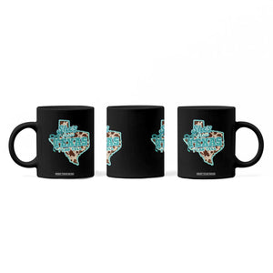 Retro Western She is From Texas I Can Tell Coffee Mug Trendy Turquoise Glitter Coquette and Cow Print Effect Graphic
