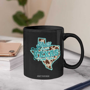 Retro Western She is From Texas I Can Tell Coffee Mug Trendy Turquoise Glitter Coquette and Cow Print Effect Graphic