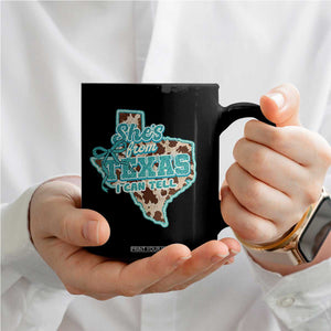 Retro Western She is From Texas I Can Tell Coffee Mug Trendy Turquoise Glitter Coquette and Cow Print Effect Graphic