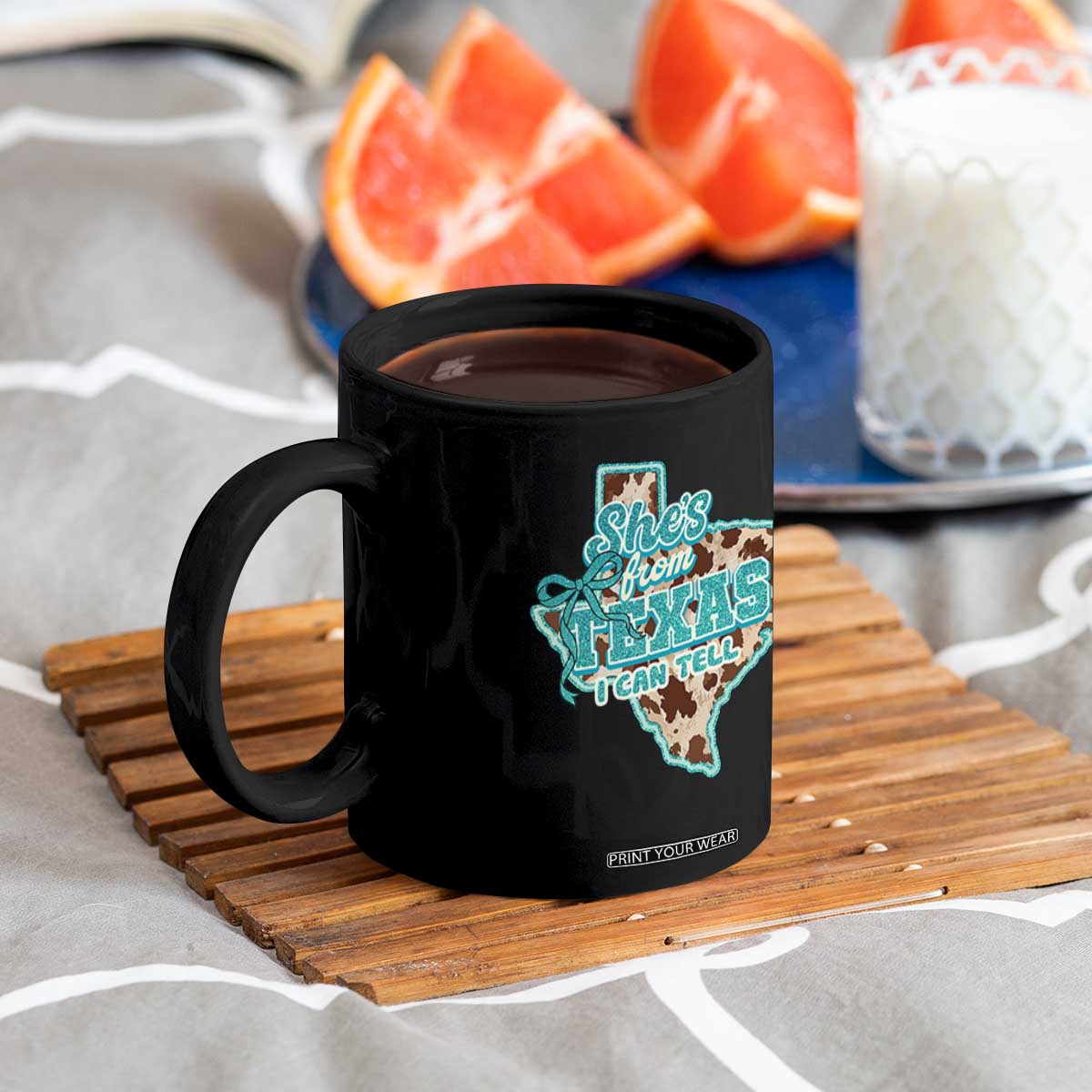 Retro Western She is From Texas I Can Tell Coffee Mug Trendy Turquoise Glitter Coquette and Cow Print Effect Graphic