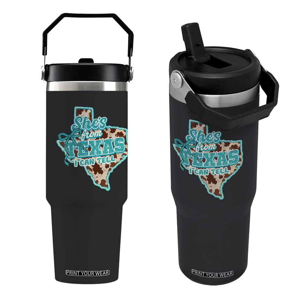 Retro Western She is From Texas I Can Tell Flip Straw Tumbler Trendy Turquoise Glitter Coquette and Cow Print Effect Graphic