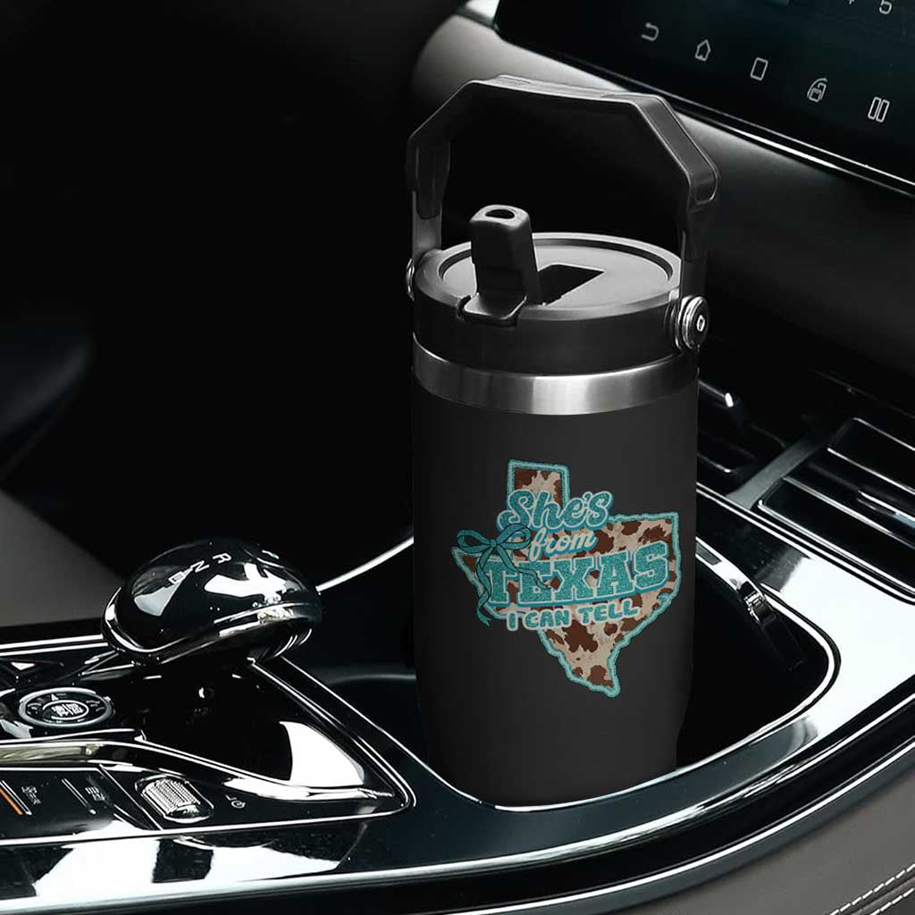 Retro Western She is From Texas I Can Tell Flip Straw Tumbler Trendy Turquoise Glitter Coquette and Cow Print Effect Graphic
